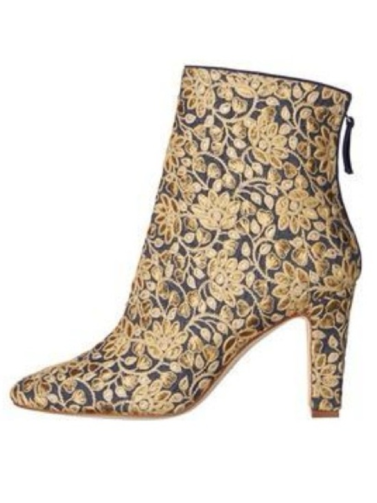 Manolo Blahnik Shoes - MANOLO BLAHNIK 💥RARE💥 Isola Blue Denim Gold Floral Embroidered Ankle Boots 3.5”